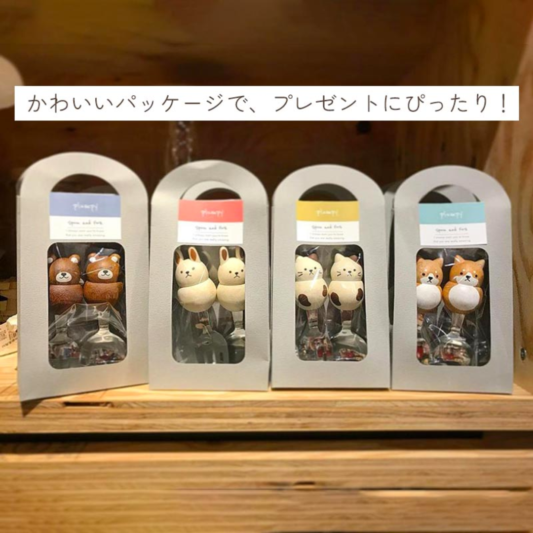 【預購】日本製 Fluffy Plumpy 小朋友輔食 可用立體貓貓柴犬天然木叉勺套裝
