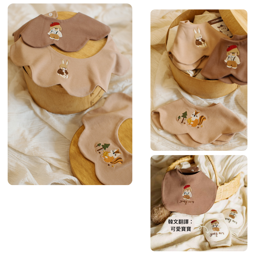 【預購】雙面用 嬰兒 純棉加大吸水動物刺繡口水巾 (自選1套5條/單購)