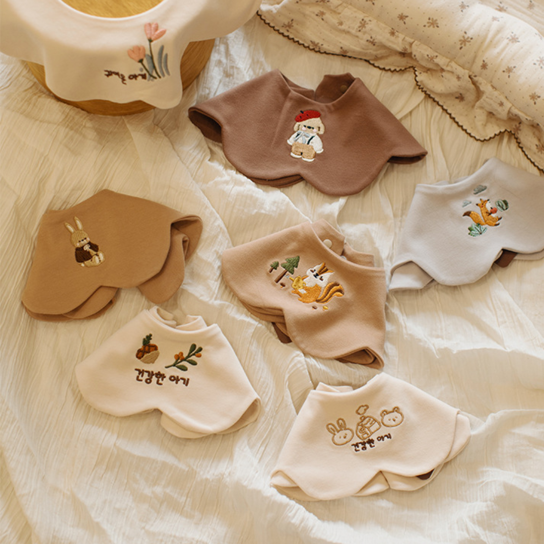 【預購】雙面用 嬰兒 純棉加大吸水動物刺繡口水巾 (自選1套5條/單購)