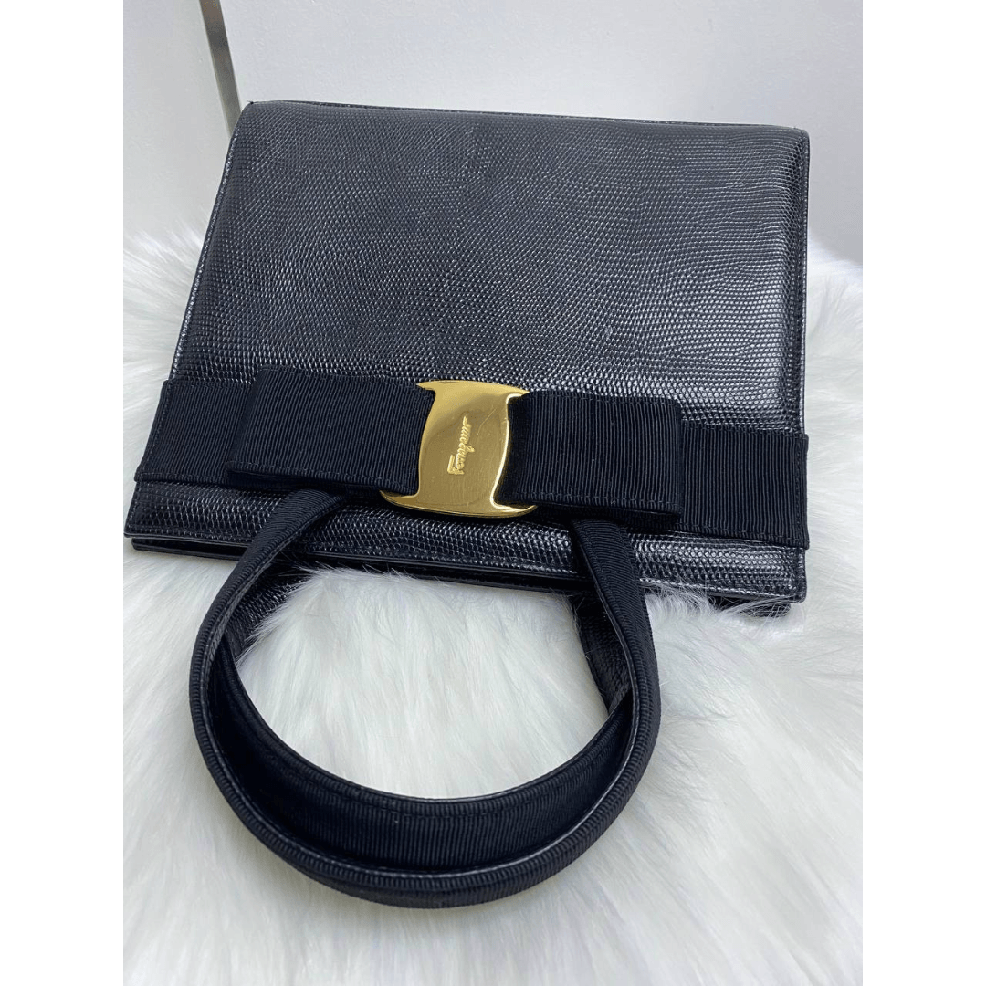 |In-Stock|Salvatore Ferragamo 黑色鱷魚皮壓花手袋