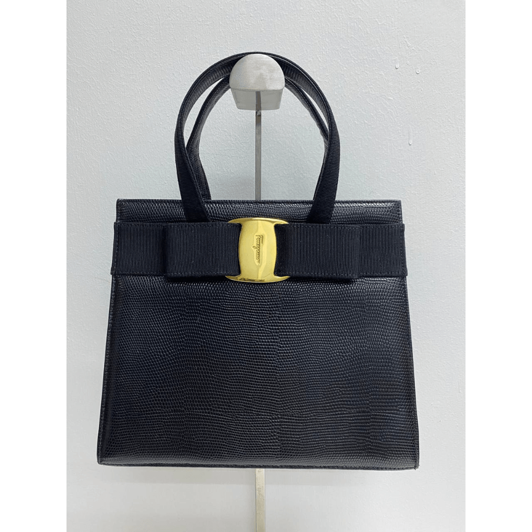 |In-Stock|Salvatore Ferragamo 黑色鱷魚皮壓花手袋