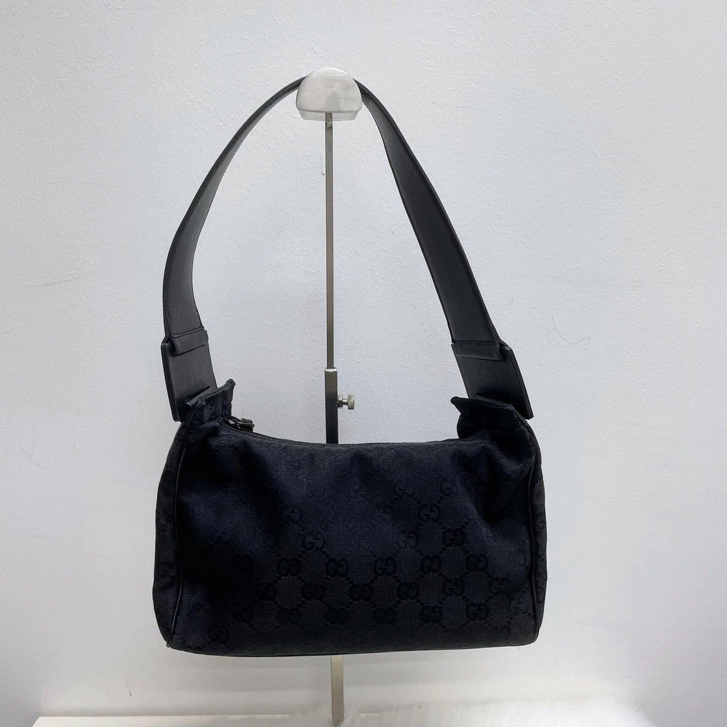 |In-Stock|GUCCI 黑色暗花GG帆布x 皮革手提單肩包