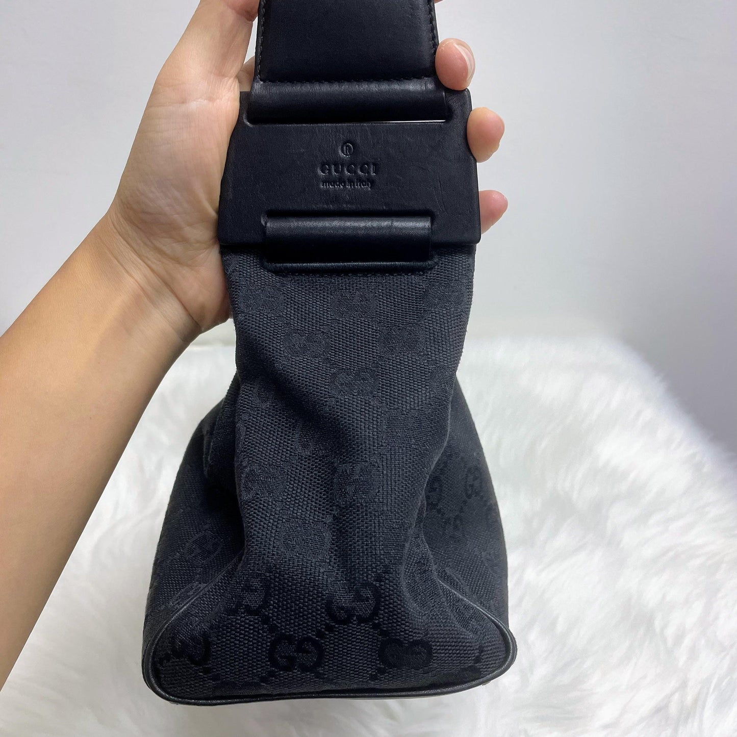 |In-Stock|GUCCI 黑色暗花GG帆布x 皮革手提單肩包