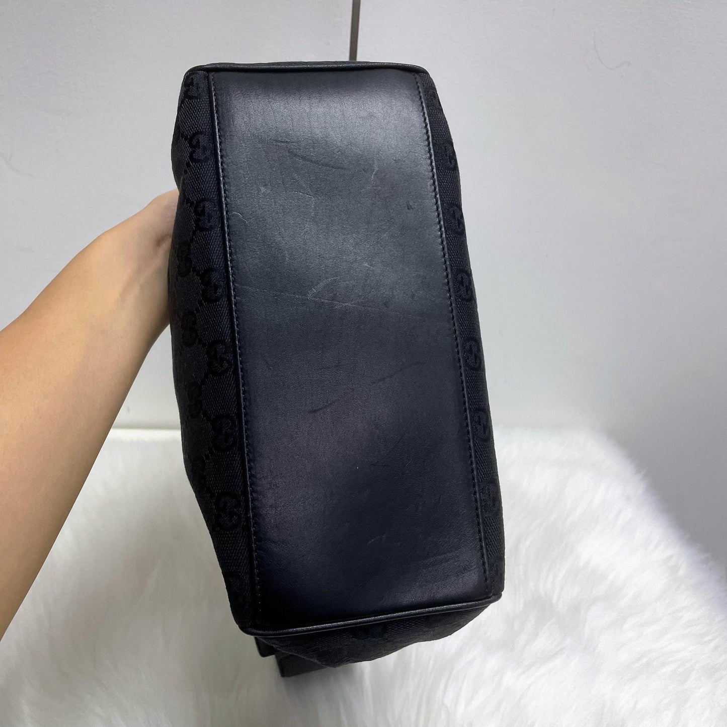 |In-Stock|GUCCI 黑色暗花GG帆布x 皮革手提單肩包