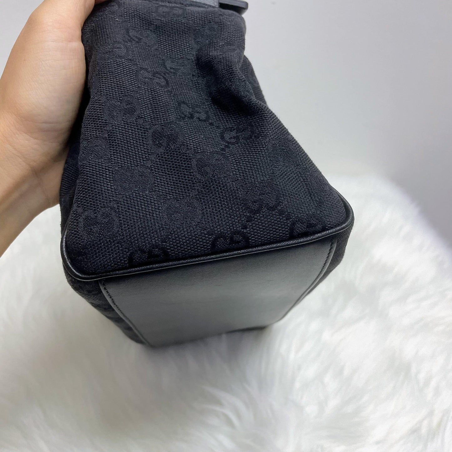 |In-Stock|GUCCI 黑色暗花GG帆布x 皮革手提單肩包