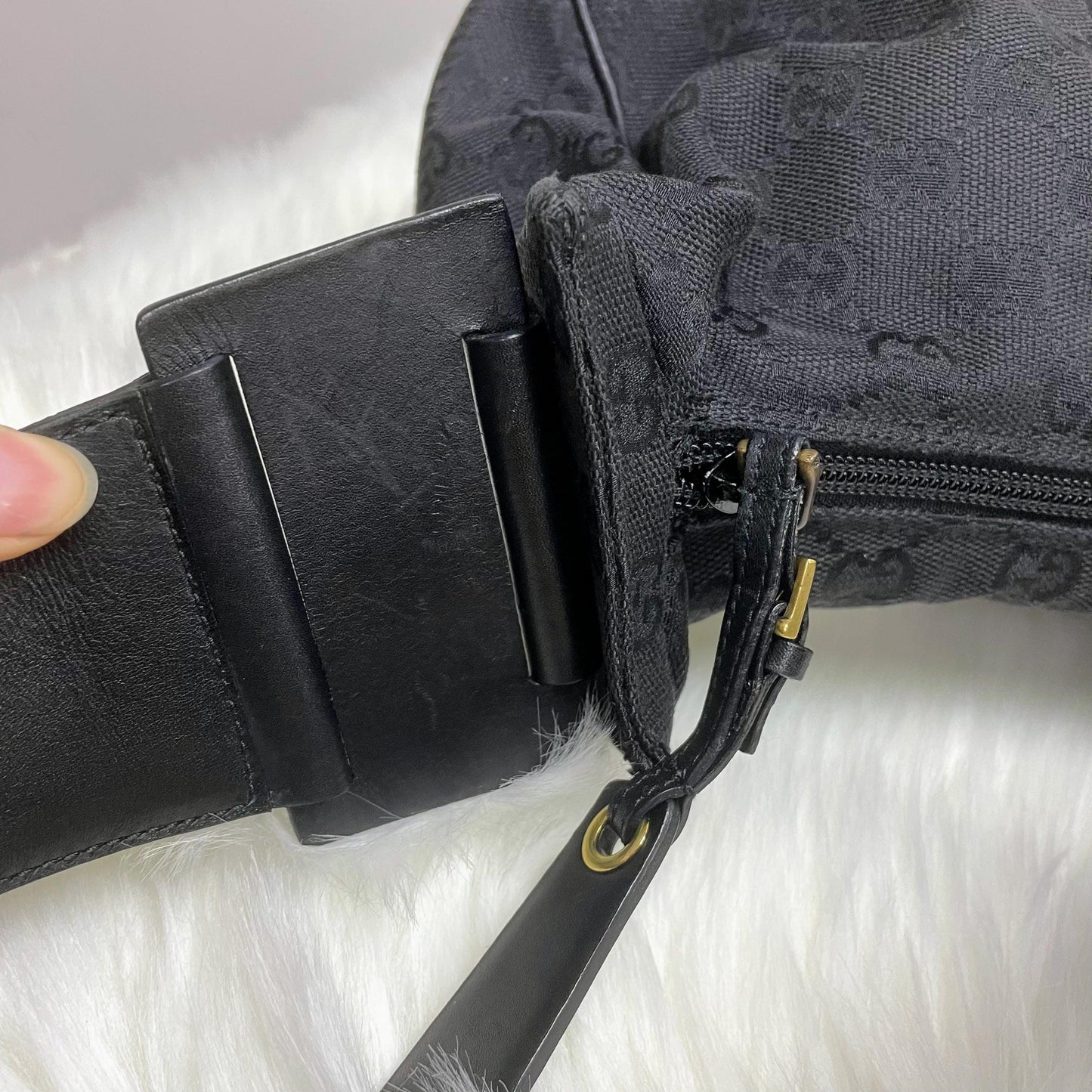 |In-Stock|GUCCI 黑色暗花GG帆布x 皮革手提單肩包