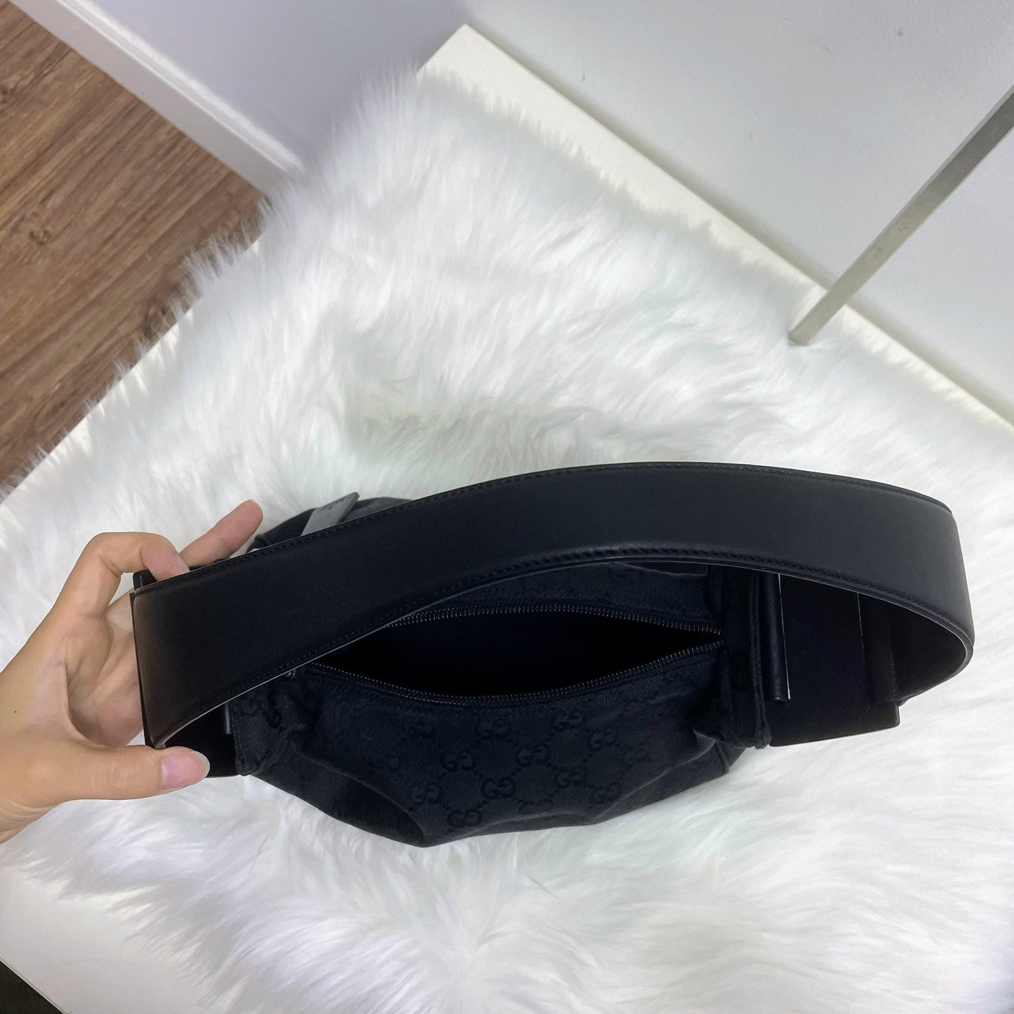 |In-Stock|GUCCI 黑色暗花GG帆布x 皮革手提單肩包