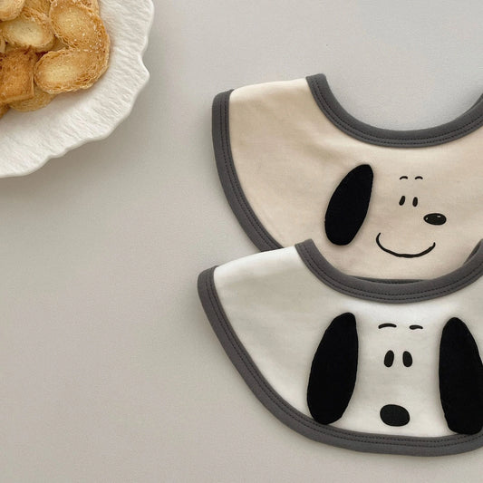 【預購】黑白小狗史努比 雙層純棉立體耳朵口水巾 (1套2條)