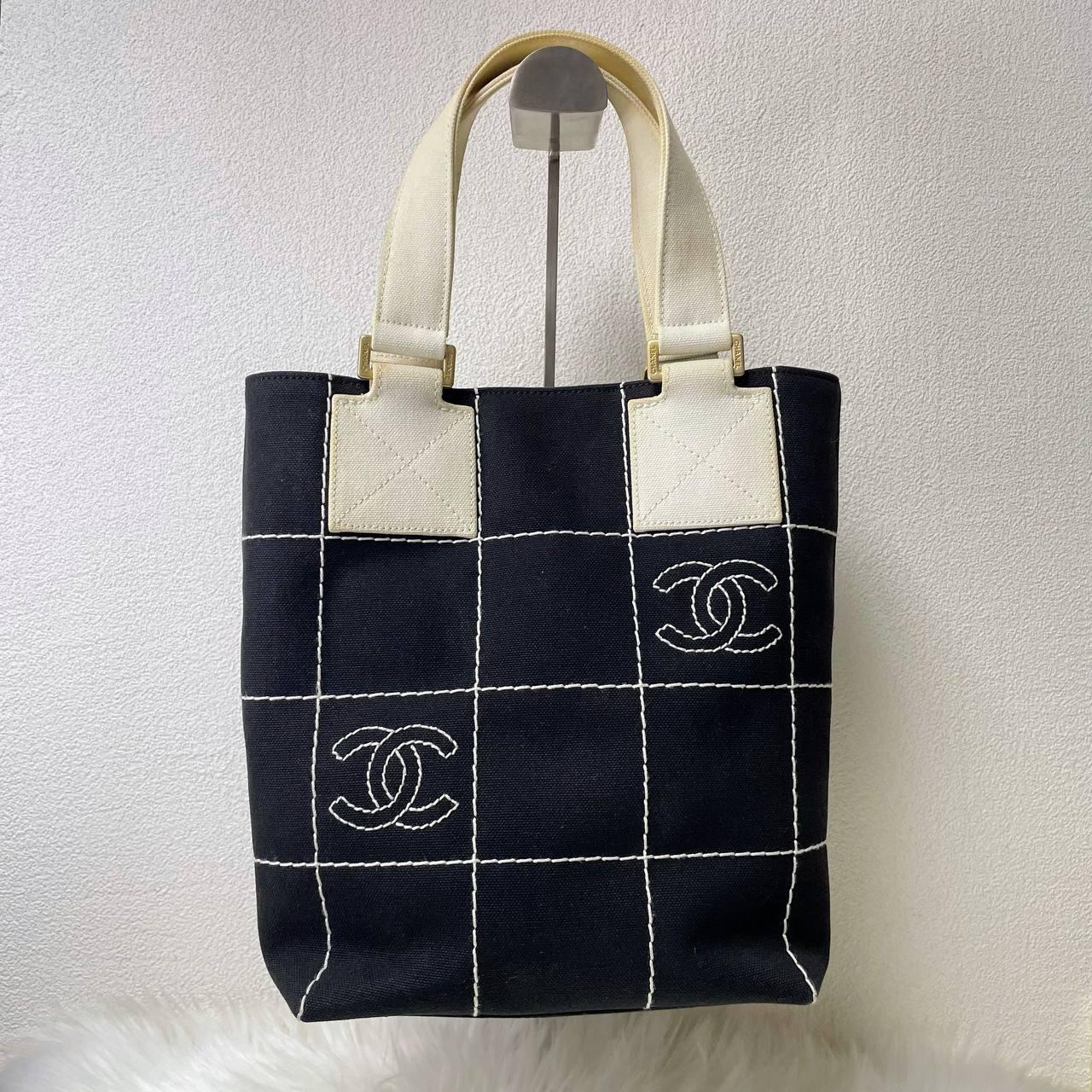 【 In - Stock 】Chanel Coco mark Vintage 黑色x白色巧克力格帆布手提包 - Cnjpkitchen ❤️ 🇯🇵日本廚具 家居生活雜貨店