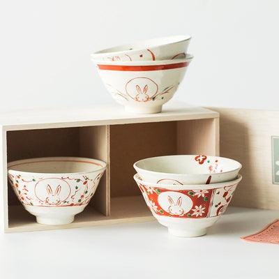 【預購】日本製 美濃燒手繪 兔仔陶瓷飯碗套裝 (5入) - Cnjpkitchen ❤️ 🇯🇵日本廚具 家居生活雜貨店