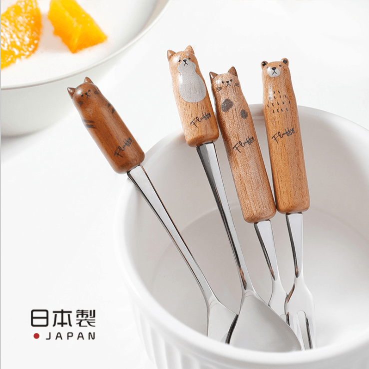 【現貨】日本製 Fluffy 貓貓柴犬木柄不銹鋼水果甜品餐具 (4入)