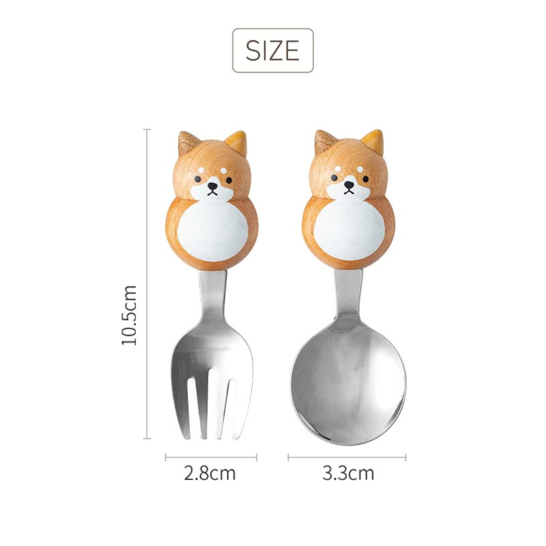 【預購】日本製 Fluffy Plumpy 小朋友輔食 可用立體貓貓柴犬天然木叉勺套裝