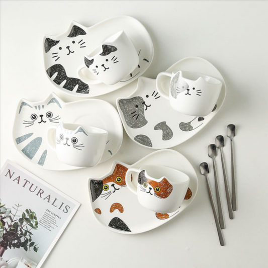 【預購】貓貓造型 陶瓷馬克杯帶碟套裝 (3入) - Cnjpkitchen ❤️ 🇯🇵日本廚具 家居生活雜貨店