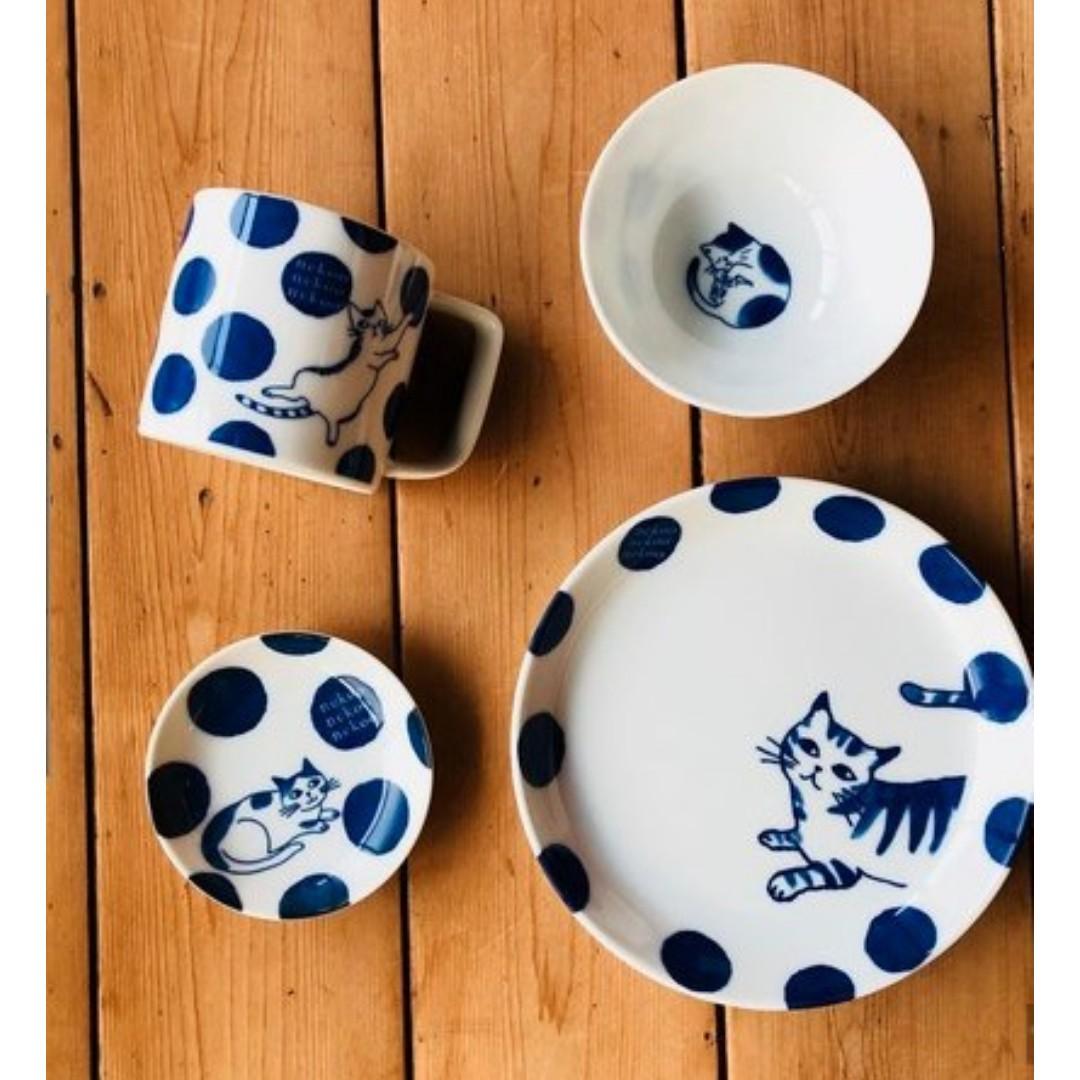 【預購】 🇯🇵 日本製 Nekoneko 系列 藍白波點貓貓陶瓷餐具套裝 (3入)