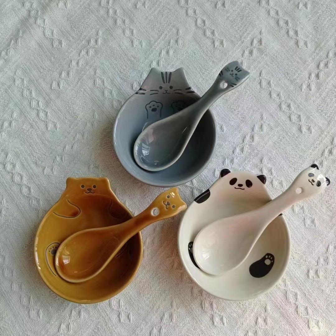 【預購】可愛動物 柴犬 貓貓 熊貓 浮雕陶瓷碗及勺子套裝 - Cnjpkitchen ❤️ 🇯🇵日本廚具 家居生活雜貨店