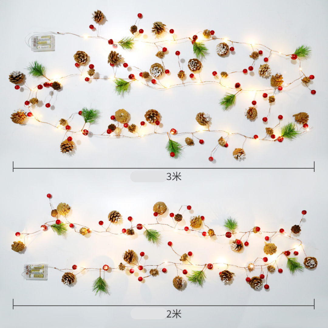 【預購】聖誕節 松針松果紅果 LED銅線燈串 (2米 / 3米)